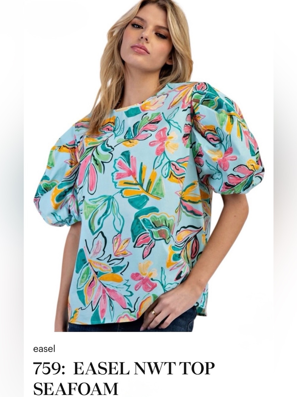 Easel NWT SeaFoam Floral Puff-Sleeve Blouse - Multicolor Size Medium